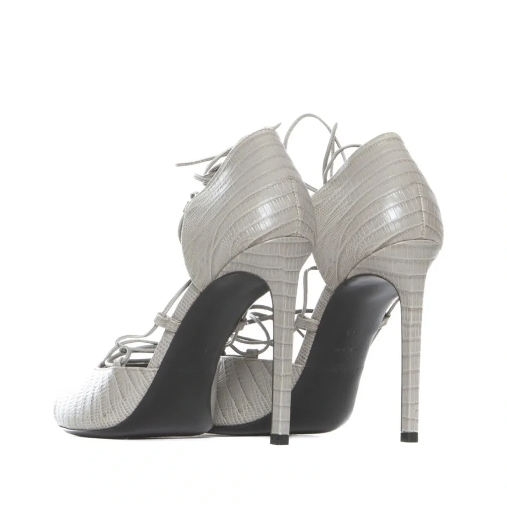 Saint Laurent Embossed Leather Gladiator Open Toe Heels Gray lace up ankle Wrap - Picture 5 of 10